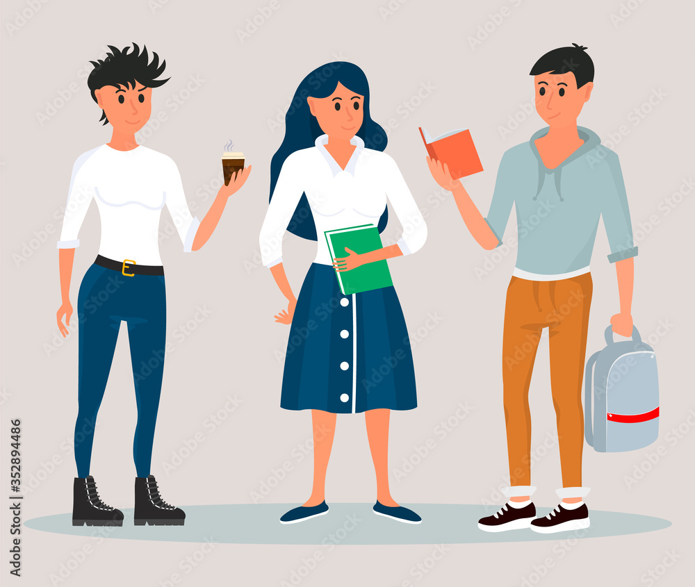 Fototapeta premium Diverse College or University Students Holding Book Piles and backpacks. Vector illustration on gray background