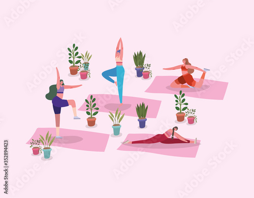 Women doing yoga on mats with plants inside pots vector design