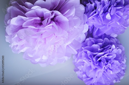 Paper POM-poms. Paper flowers, peonies. a gentle background for the design.