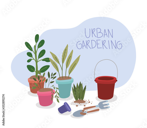 Plants inside pots rake and shovel vector design