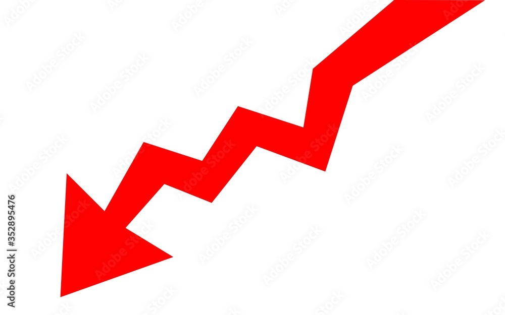 Red Graph stock market with decreasing arrow on red background ;Isolated on white background,Business Red Graph stock market with decreasing arrow on red background ;Isolated on white background,Business
