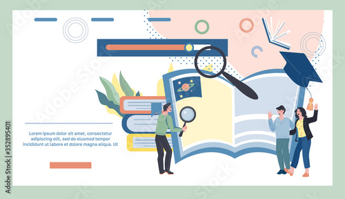 Online learning and elearning banner with tiny people and books. Training courses and home training in computer Internet technologies. Online university and library app. Flat vector illustration.