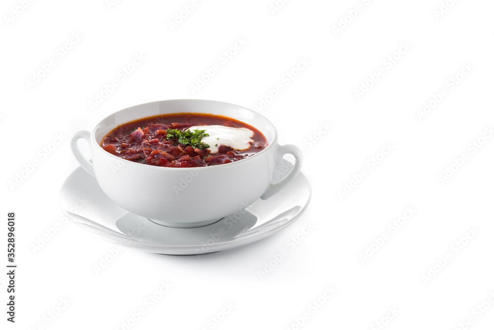 Traditional Ukrainian Russian borsch. Beetroot soup isolated on white background. Copy space Traditional Ukrainian Russian borsch. Beetroot soup isolated on white background. Copy space