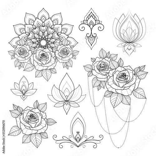Set of eight ethnic ornaments and mandalas with roses for Henna drawing and tattoo template. Ethnic tattoo sketch. Vector illustration