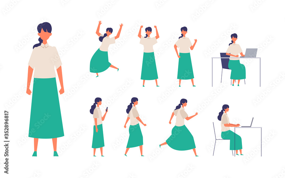 Set of long hair woman in different poses. Businesswoman working character design set. Vector illustration in flat style.