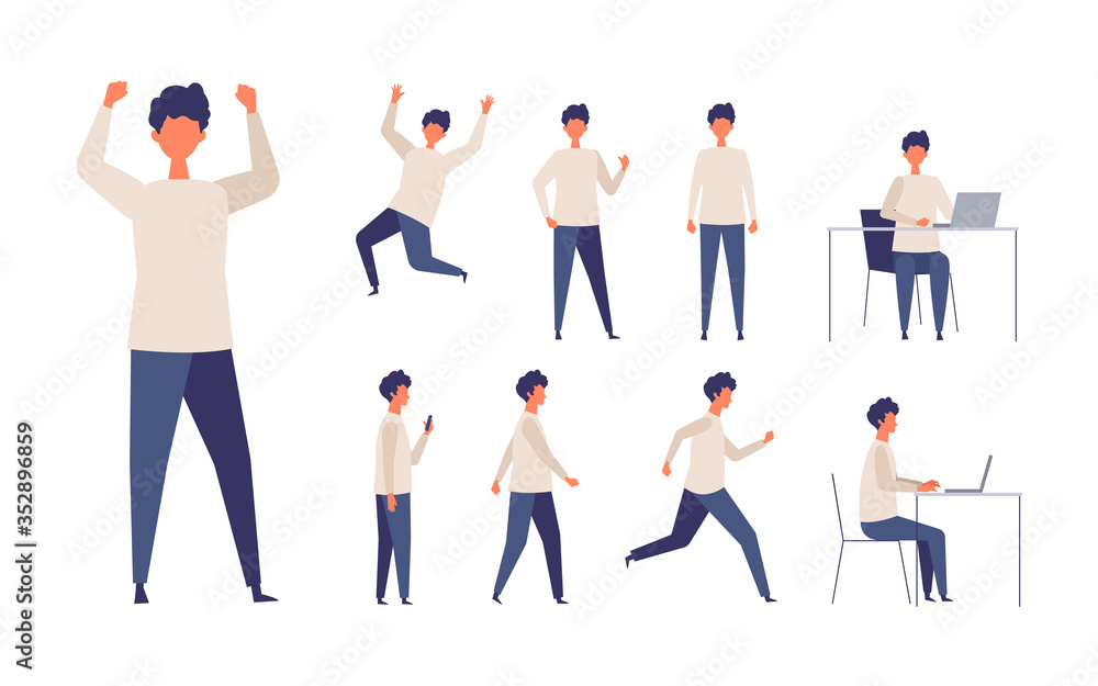Set of man in different poses. Businessman working character design set. Vector illustration in flat style.