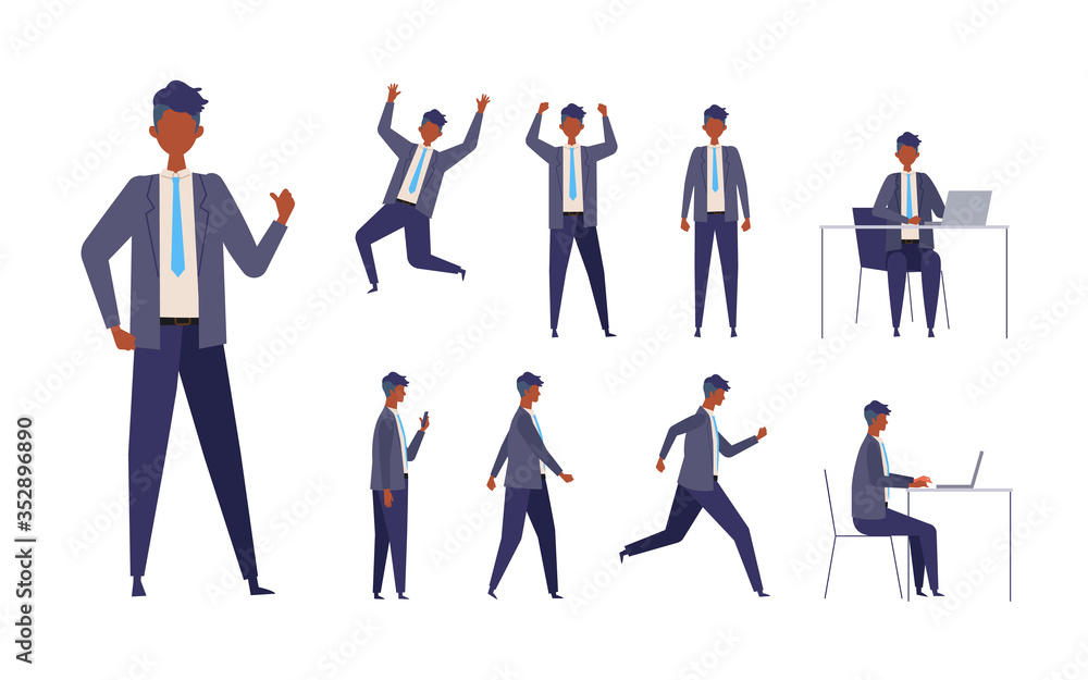 Set of man in different poses. Businessman working character design set. Vector illustration in flat style.