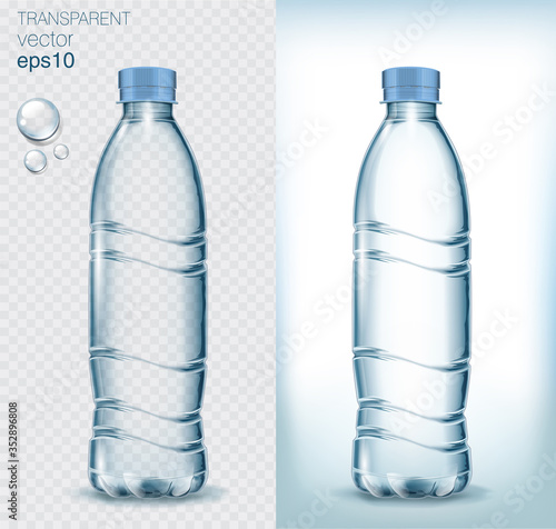 Transparent realistic vector blue plastic bottle with water on light background