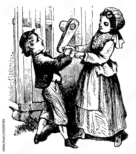 Children Turning Crank, vintage illustration.