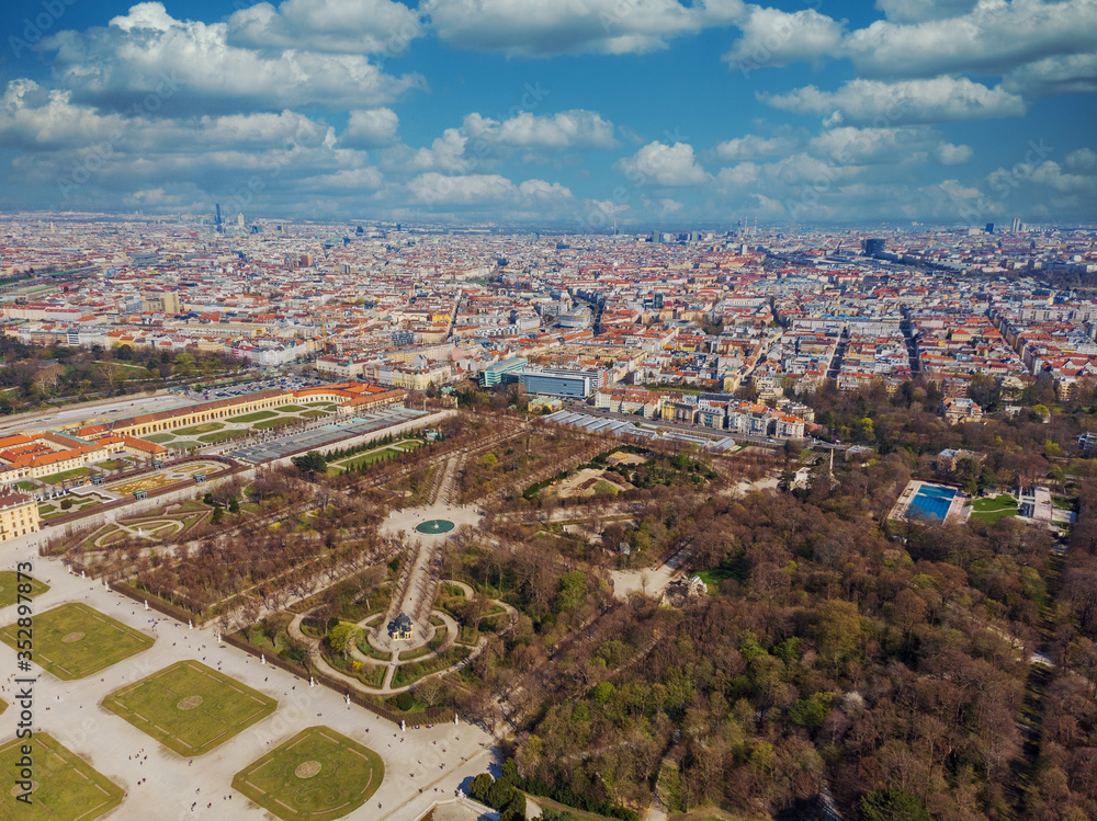 Beautiful top view on afternoon over Schonbrunn Park in Vienna. View of the palace from above. Austria.