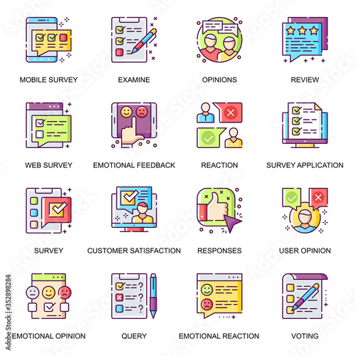 Internet survey flat icons set. Exam and query, user opinion, mobile voting and review, customer satisfaction, emotional feedback line pictograms for mobile app. Survey application vector icon pack.