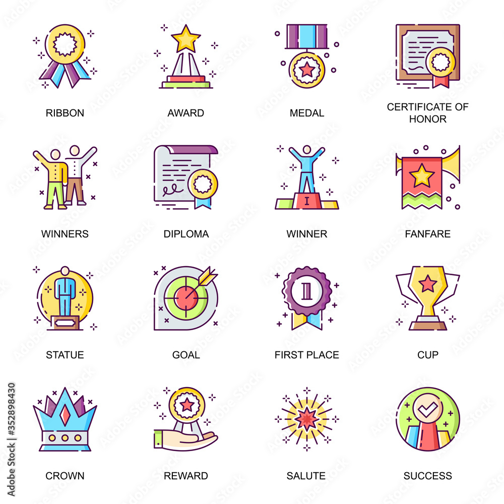 Personal success flat icons set. Award ceremony, fanfare and salute, medal and diploma, certificate of honor, first place and winning line pictogram for mobile app. Leader achievement vector icon pack