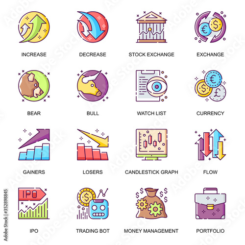 Stock quotes flat icons set. Bear and bull market trends, currency exchange, stock trading bot, increase and decrease, money flow line pictograms for mobile app. Investment management vector icon pack