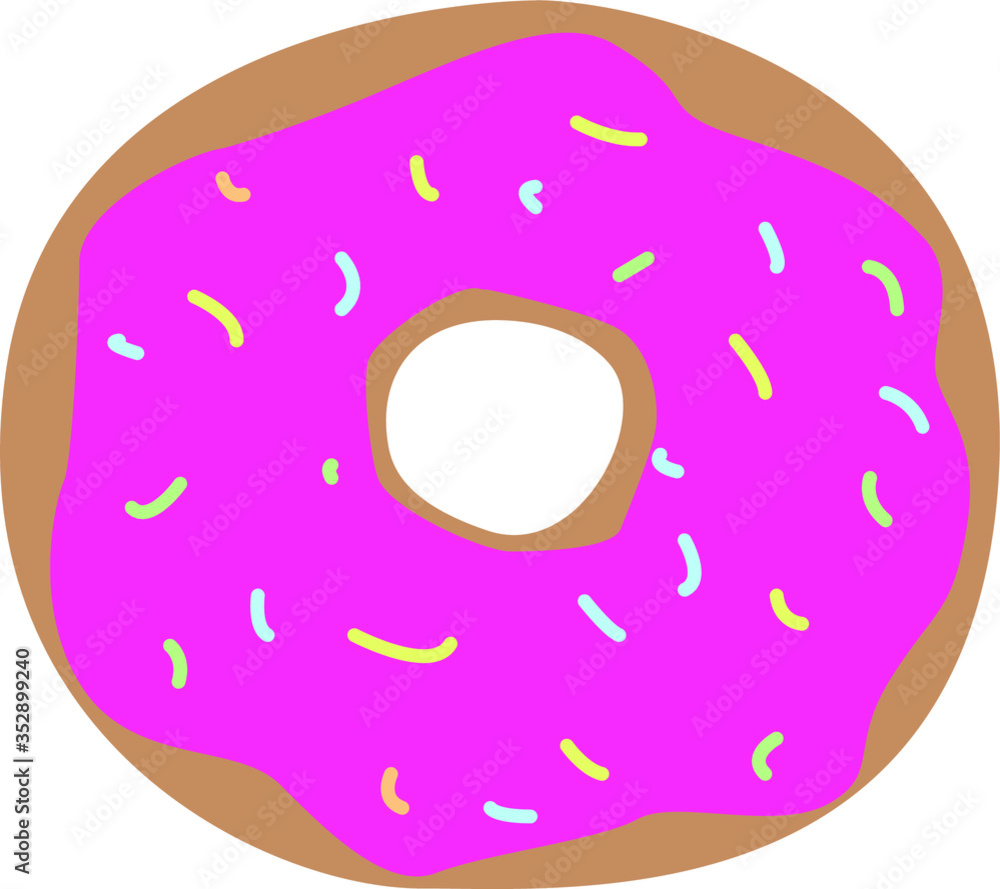 Donut with sprinkles isolated on white board. Vector illustration. Primitive flat print. Sweets, tasty food. Summer and holiday spirit. Cartoon and cute style Donut with sprinkles isolated on white board. Vector illustration. Primitive flat print. Sweets, tasty food. Summer and holiday spirit. Cartoon and cute style
