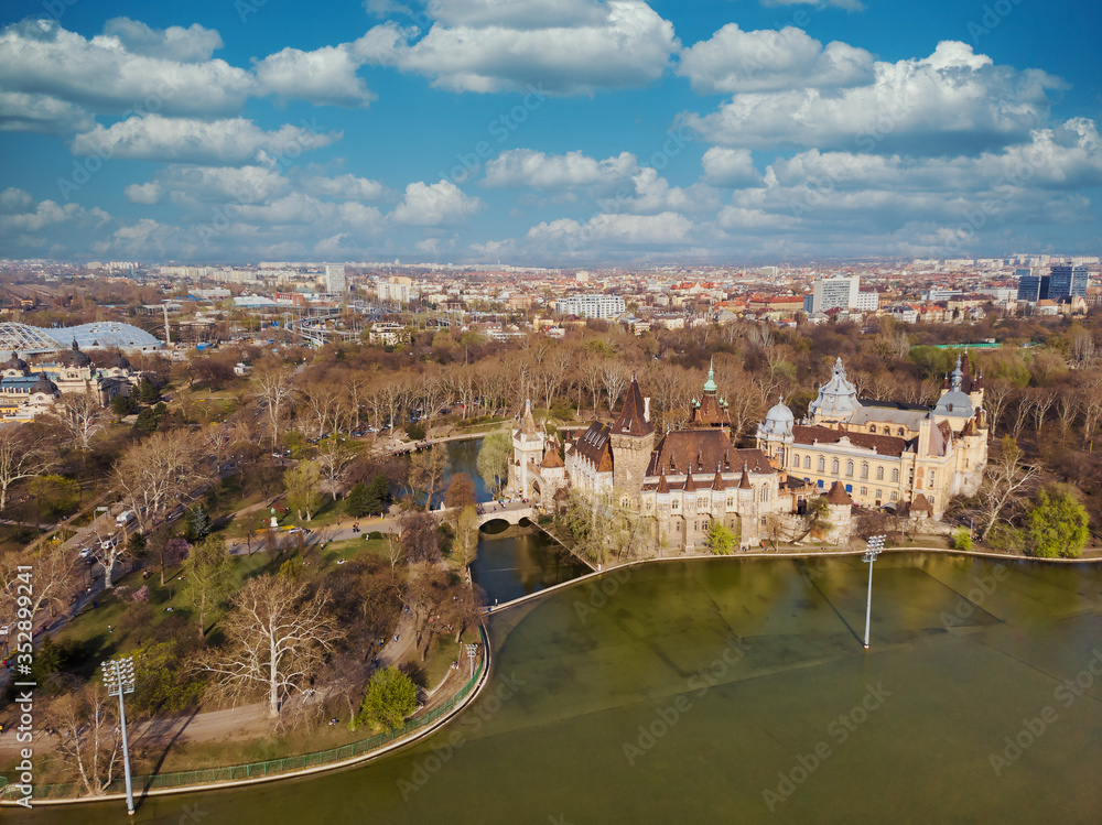 Evening view from above on the Vajdahunyad castle and city park in Budapest. Hungary.