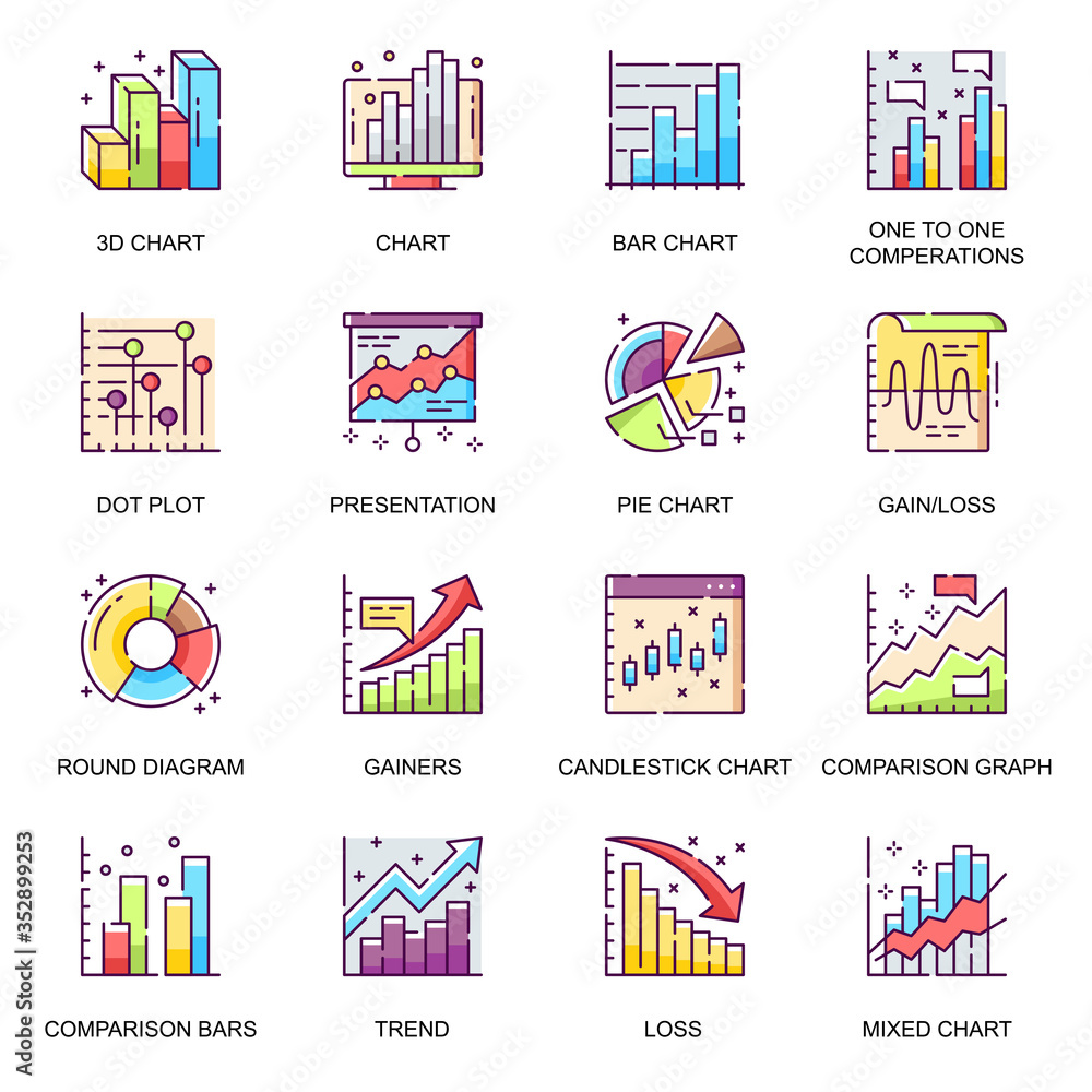 Financial diagram flat icons set. Round diagram, bar and pie chart, trend and loss, comparison graph, presentation and analytics line pictograms for mobile app. Data visualization vector icon pack.