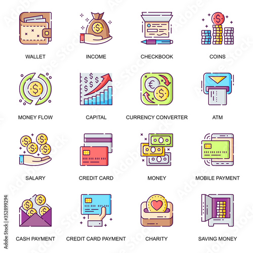 Money management flat icons set. Credit card payment, currency converter, online wallet, money flow, checkbook, salary and charity line pictograms for mobile app. Capital saving vector icon pack.