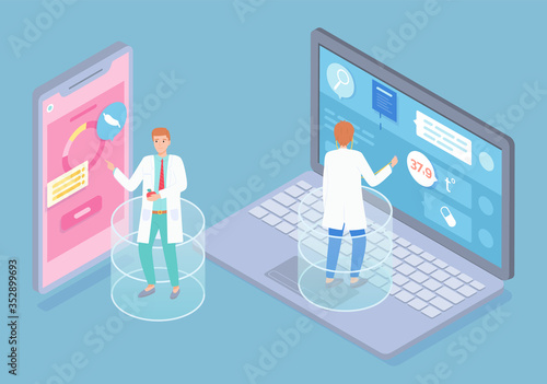 Isometric illustration of smartphone, laptop. Doctor give online consultation at website. Nutritionist check information in medical app, hold apple. Concept of app for disease with stomach, control
