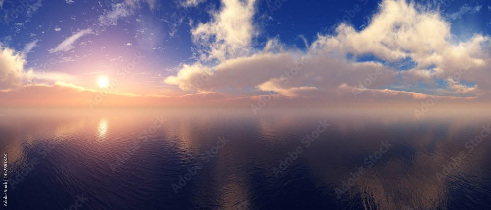 Sea sunset panorama, ocean sunrise, the sun among the clouds above the water - obrazy, fototapety, plakaty 