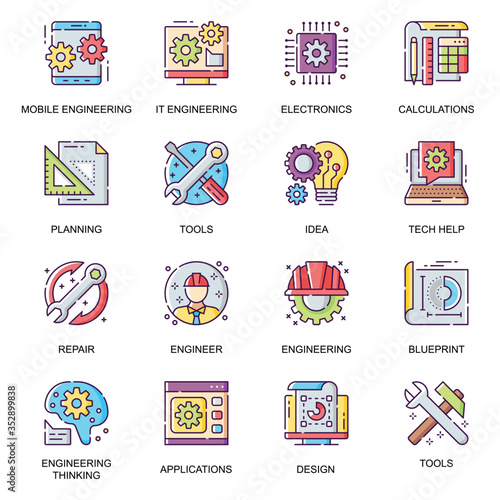 Modern engineering flat icons set. Mobile solution, idea generation, industrial design, planning and calculation, tech help line pictograms for mobile app. IT application engineering vector icon pack.