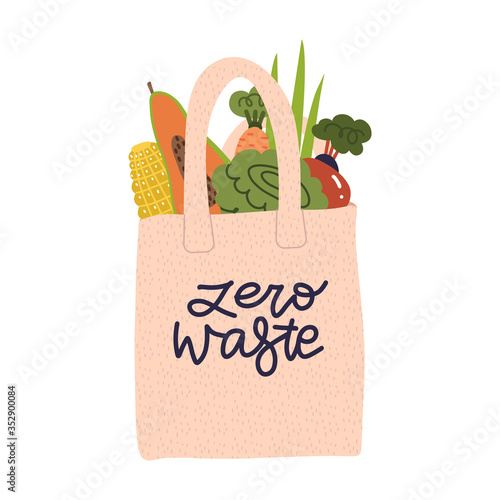 Shopping reusable grocery cloth bag with vegetables, fruits and products without packing. Cotton eco bag, no plastic concept. Zero waste lettering flat vector illustration.