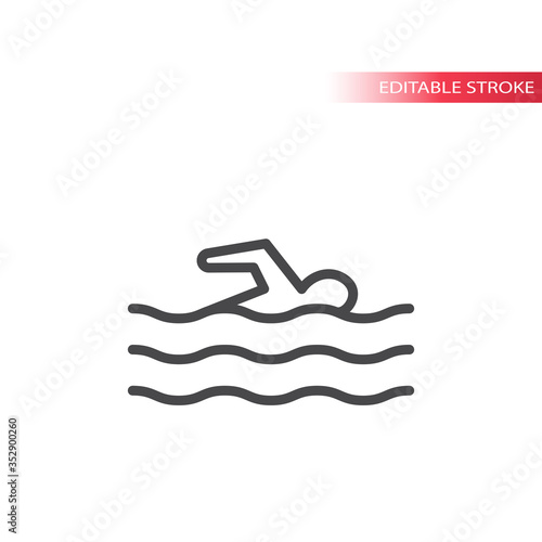 Pool or beach symbol, swimmer figure in the water with waves thin line vector icon. Outline, editable stroke.