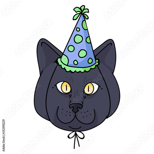 Cute cartoon British shorthair cat face with party hat vector clipart. Pedigree kitty breed for cat lovers. Celebration kitten for pet parlor illustration mascot. Isolated feline housecat. EPS 10.