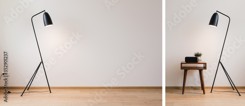 collage of metal floor lamp and wooden coffee table with plant and clock with blank screen