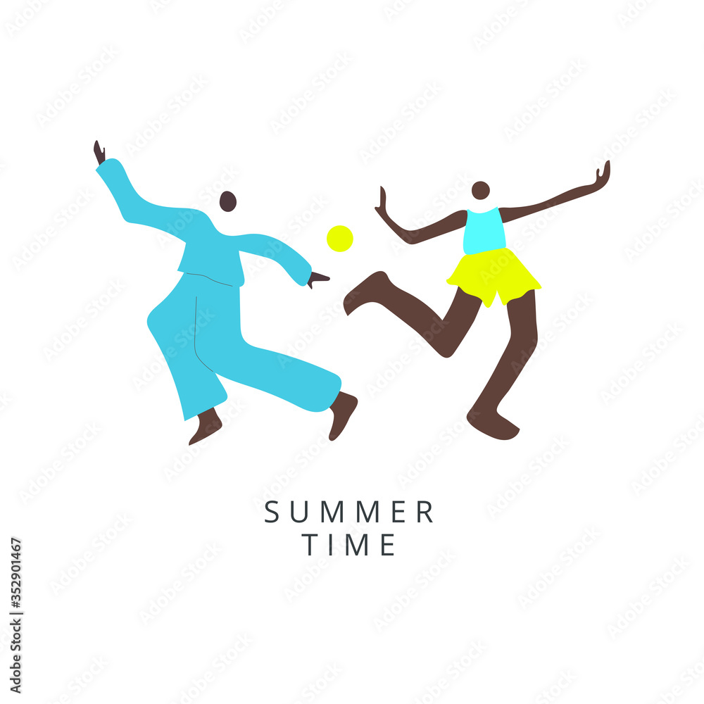 Flyer or poster for a summer dance party. African man and woman in summer clothes dancing in the background of the sun. Vector illustration in flat style.