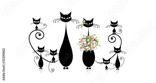 Funny cats family with kittens, black silhouette
