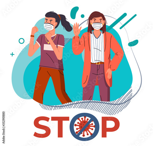 Young girls wearing face medical masks protesting against world epidemic at background of turquoise vector elements, stop sign. Stop spreading coronavirus. Crossed out sign. Cartoon characters