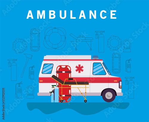 Ambulance paramedic car side view oxygen cylinders and stretcher vector design