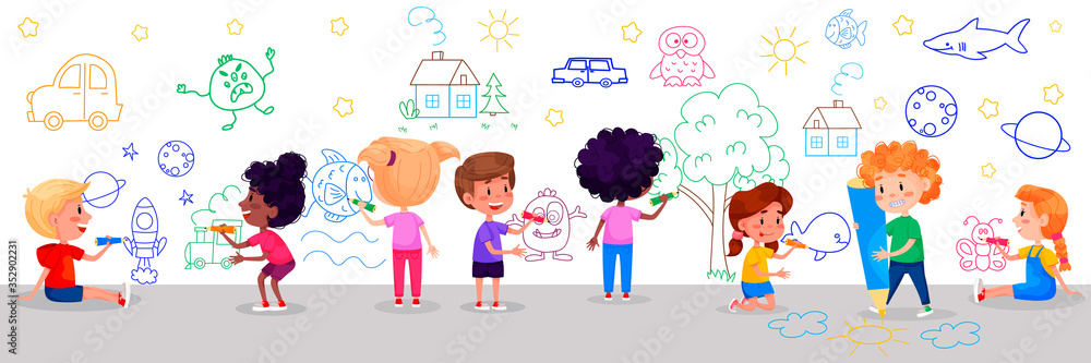 Kids characters are drawing on white walls. Children international day. Summer children activities. 