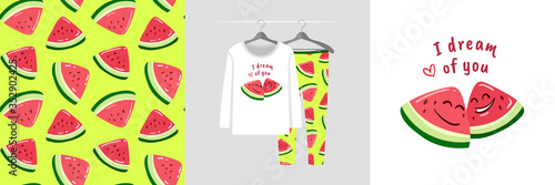 Seamless pattern and illustration set with watermelons, I dream of you
