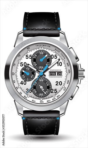 Realistic clock watch chronograph steel silver grey blue arrow black leather number strap isolated design luxury for men on white background vector illustration.