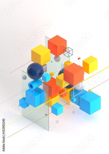 Abstract 3d render visualization background  template modern composition of geometric shapes in isometric . Cube  sphere  cylinder  line.