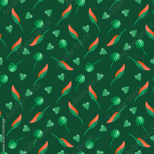 Seamless herbal pattern. Bright summer print. Pattern of green leaves and poppy buds on a dark green background. Design for packaging, fabric, paper, frames, illustrations for decor, print, posters.