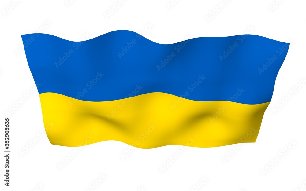 The flag of Ukraine on a white background. National flag and state ensign. Blue and yellow bicolour. 3D illustration waving flag The flag of Ukraine on a white background. National flag and state ensign. Blue and yellow bicolour. 3D illustration waving flag