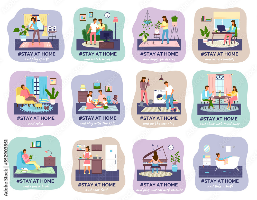 Coronavirus quarantine, stay at home. People sitting at their home, play with kids, relaxing on sofa work remotely reading books, wath movies. Family decrease infection risk for prevent virus covid-19 Coronavirus quarantine, stay at home. People sitting at their home, play with kids, relaxing on sofa work remotely reading books, wath movies. Family decrease infection risk for prevent virus covid-19
