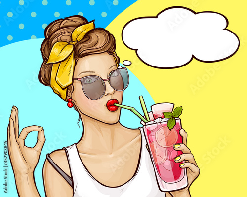 Pop art vector illustration of pretty girl in white t-shirt, sunglasses and headband holding a cocktail in her hand. Beauty woman shows sign OK and drinks refreshing cocktail through a straw.