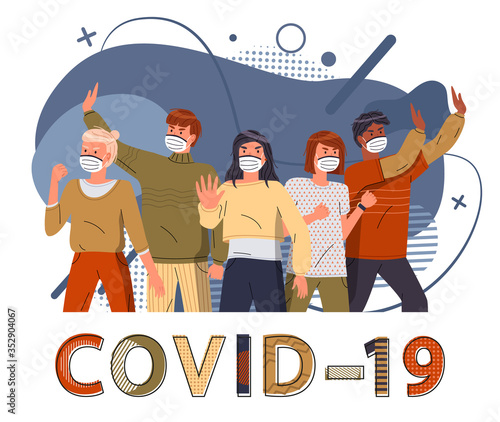 Group of multinational men and women in medical masks protesting against coronavirus at blue flat vector elements background. Concept of coronavirus spreading. People show stop gesture to covid-19