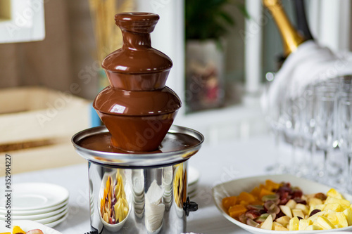 belgian chocolate fountain, fondue close up