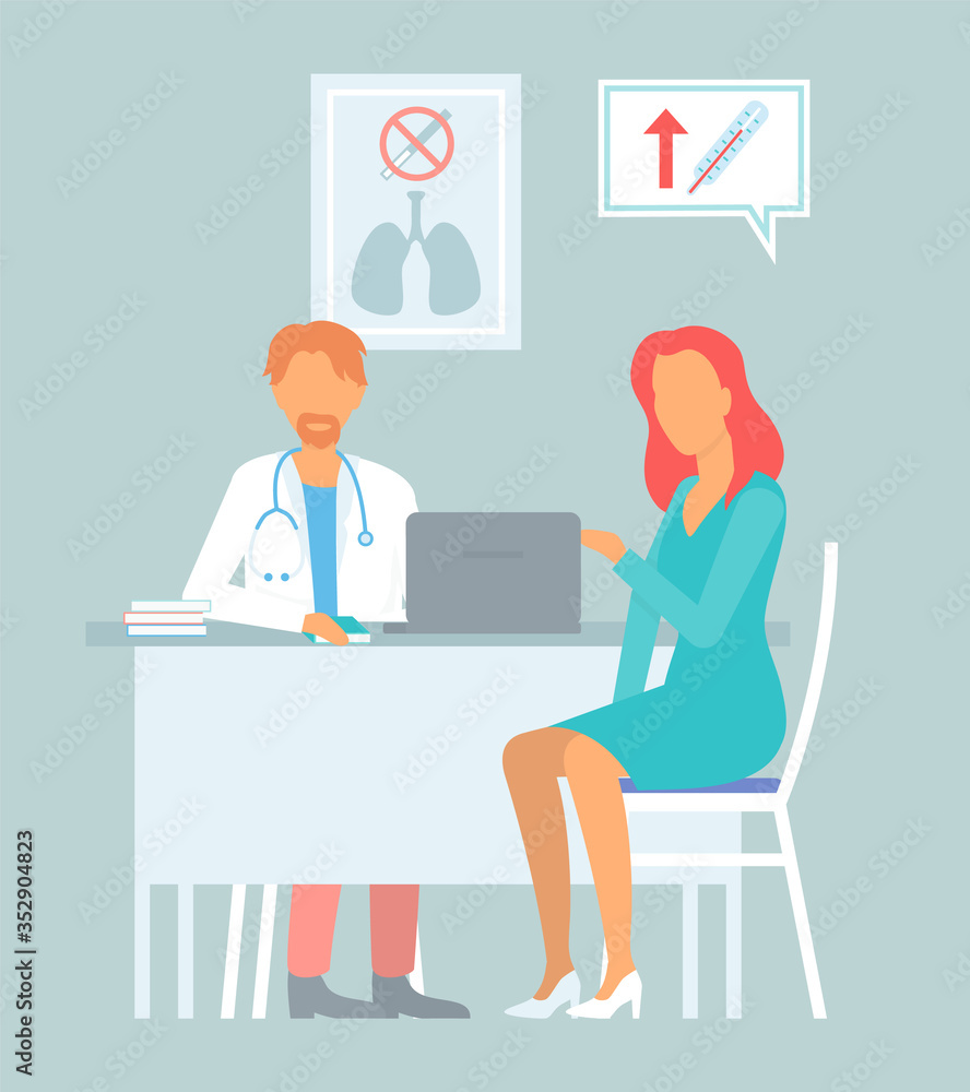 Medicine concept with a doctor and patient in medical office. Consultation and diagnosis. Patient woman talking to primary care physician man at hospital office. Clinic appointment meeting with doctor