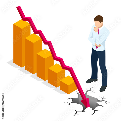 Isometric concept of World financial crisis, Oil price drop, Collapse of the economy, Financial crisis, Market fall, Bankruptcy, Budget recession, Investment expenses, Bad economy reduction
