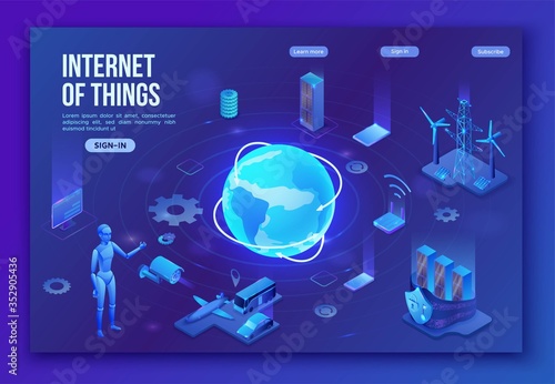 Internet of things infographic illustration, neon blue isometric 3d concept with smart technology, globe glowing icon, computer network with night glowing background