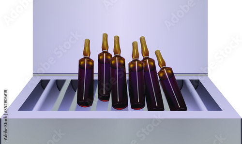 Set of ampoules in a box on a white background. perspective view of brown ampoules in a pharmaceutical white container.
Packing with sealed ampoules.
3D illustration, 3D image
