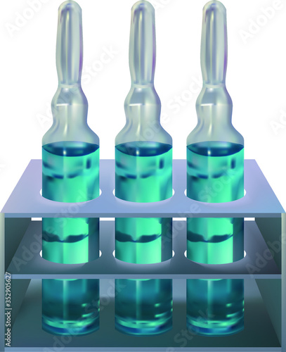 Set of ampoules in a box on a white background. Three ampoules with blue liquid in a pharmaceutical white container. Packing with sealed ampoules.
3D illustration, 3D image