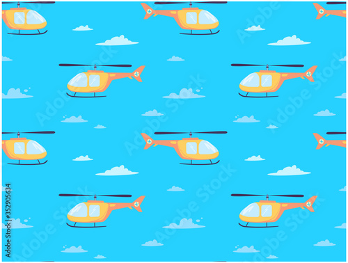 Vector print with a helicopter that flies through the clouds. Air transport with a propeller in the sky. Yellow helicopter, children's pattern for textiles..Cartoon style isolated © Анна Канищева