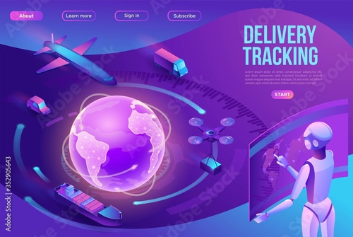 Isometric delivery service with truck, smart logistics company illustration, artificial intelligence managing transport system, robot watching screen with map, airplane, car, landing page template