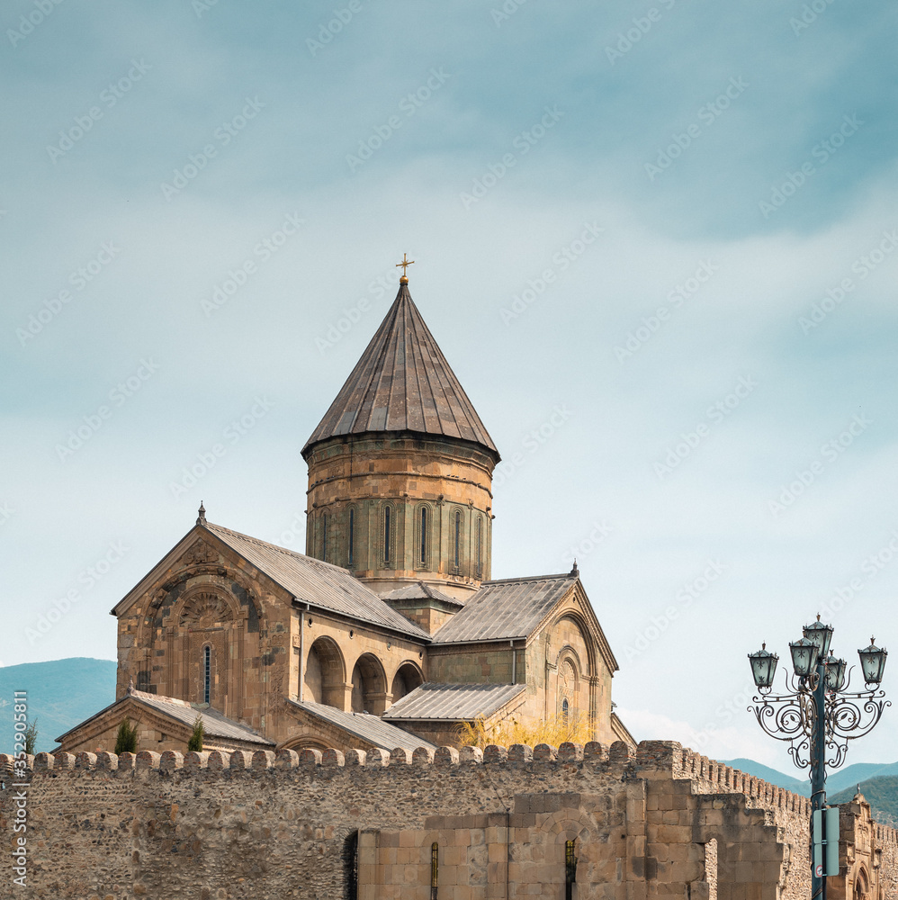 Svetitskhoveli Orthodox Cathedral in Mtskheta, Georgia. Church with mural of zodiac